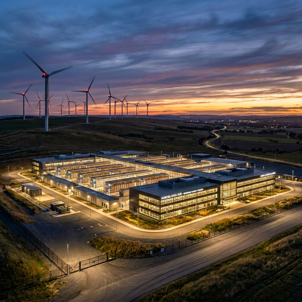 Large illuminated data center building with wind turbines on hills during sunset